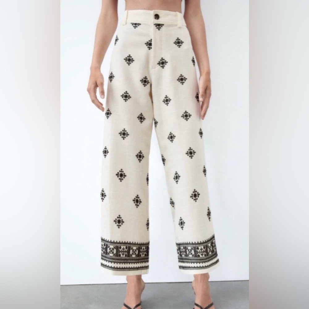 Zara high waist wide legged embroidered linen blend pants